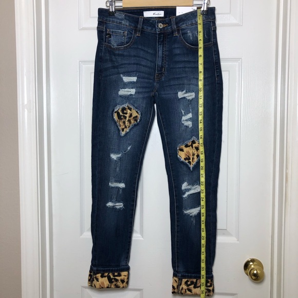 KanCan Stretchy Mid Rise Distress Ripped Leopard Patch Ankle Skinny Blue Jean 28 - Picture 13 of 15